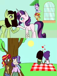 Size: 8267x11022 | Tagged: safe, artist:icey-wicey-1517, artist:rainelathepegasus00, derpibooru import, starlight glimmer, sunset shimmer, oc, oc:evening glitter, oc:white lilly, human, pegasus, pony, unicorn, icey-verse, absurd resolution, blanket, caught, choker, clothes, collaboration, colored, dark skin, ear piercing, earbuds, earring, evening lilly, eyebrow piercing, eyeshadow, female, heart, hiding, holding hands, holding hooves, house, human ponidox, humanized, jeans, jewelry, lesbian, magical lesbian spawn, makeup, mare, mother and daughter, nose piercing, oc x oc, offspring, open mouth, panic, panicking, pants, parent:applejack, parent:starlight glimmer, parent:strawberry sunrise, parent:sunset shimmer, parents:applerise, parents:shimmerglimmer, picnic, picnic blanket, piercing, self ponidox, shimmerglimmer, shipping, shocked, spying, sun, tattoo, torn clothes, tree