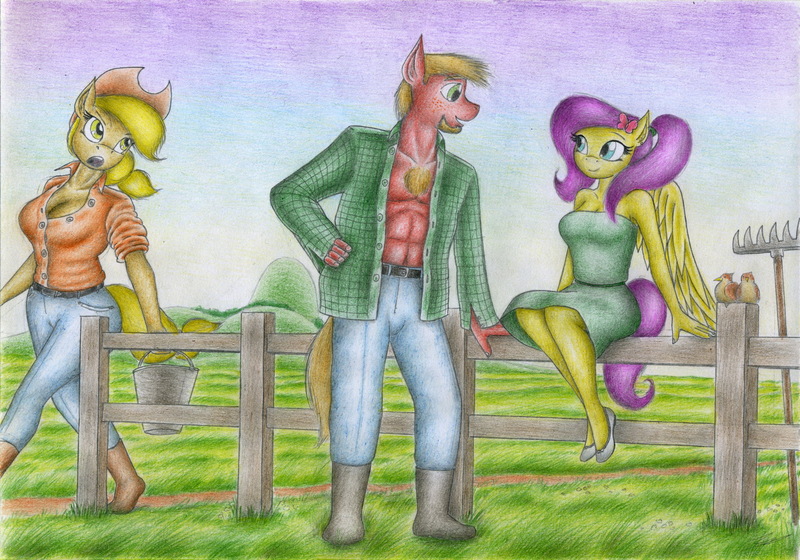 Size: 2333x1634 | Tagged: safe, artist:sinaherib, derpibooru import, applejack, big macintosh, fluttershy, anthro, earth pony, pegasus, abs, breasts, clothes, female, fence, fluttermac, male, mare, open clothes, shipping, smiling, stallion, straight, traditional art