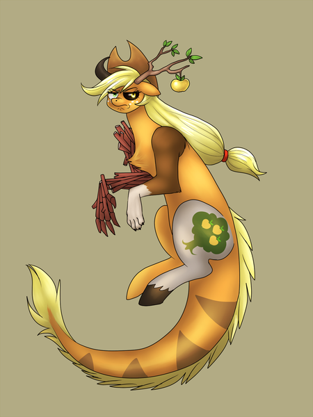 Size: 1200x1600 | Tagged: safe, artist:lurking tyger, derpibooru import, applejack, dog, draconequus, horse, lizard, pony, timber wolf, alternate cutie mark, antlers, applejack is not amused, black sclera, border collie, branches, chest fluff, commission, cow horns, draconequified, floppy ears, frown, golden apple, mismatched eyes, simple background, solo, species swap, transformed, unamused