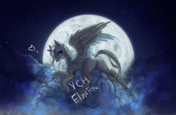 Size: 2300x1509 | Tagged: suggestive, artist:elzafox, derpibooru import, oc, earth pony, pegasus, pony, unicorn, cloud, commission, looking at you, looking back, moon, moonlight, night, solo, spread legs, spread wings, spreading, stars, tongue out, wings, your character here