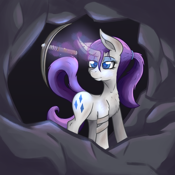 Size: 2000x2000 | Tagged: safe, artist:thexiiilightning, derpibooru import, rarity, pony, unicorn, alternate hairstyle, bandage, cave, cavern, chest fluff, dirty, eyeshadow, female, hairband, magic, makeup, mine, mining, pickaxe, ponytail, raity, solo