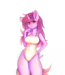 Size: 700x800 | Tagged: suggestive, artist:timkaa, derpibooru import, oc, oc:rose starlight, unofficial characters only, anthro, unicorn, breasts, clothes, female, mare, one-piece swimsuit, simple background, solo, swimsuit, white background