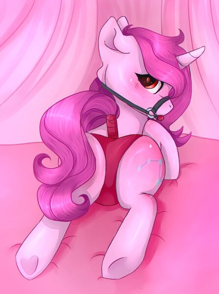 Size: 771x1037 | Tagged: suggestive, artist:dntude, derpibooru import, oc, oc:rose starlight, unofficial characters only, pony, unicorn, ballgag, blushing, bridle, clothes, female, gag, looking at you, looking back, looking back at you, mare, panties, solo, tack, tail wrap, underwear