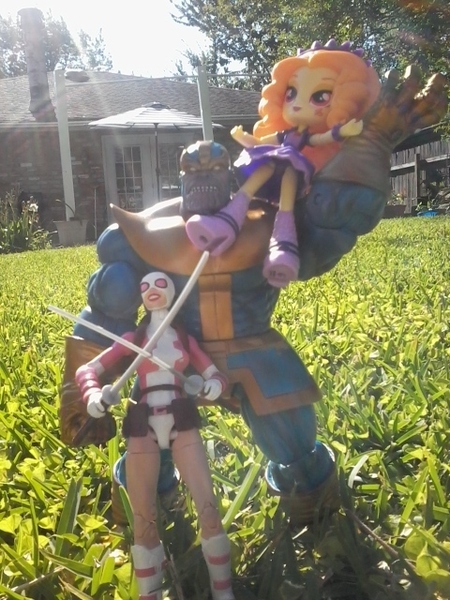 Size: 480x640 | Tagged: safe, artist:theanimefanz, derpibooru import, adagio dazzle, equestria girls, clothes, doll, equestria girls minis, grass, gwenpool, irl, marvel, marvel legends, panties, photo, purple underwear, skirt, sword, thanos, toy, underwear, upskirt, weapon