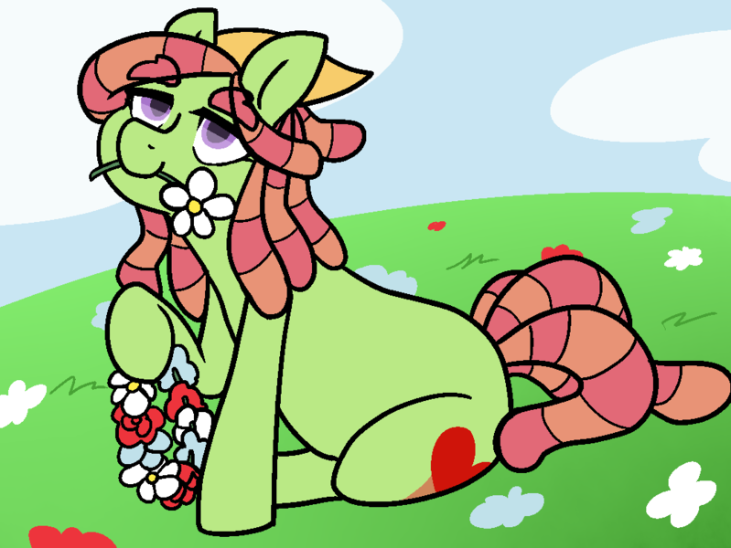 Size: 1052x790 | Tagged: safe, artist:/d/non, derpibooru import, tree hugger, earth pony, pony, bandana, dreadlocks, female, field, flower, flower necklace, headscarf, mare, mouth hold, scarf, sitting, smiling, solo