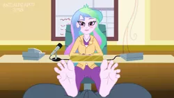 Size: 3999x2249 | Tagged: suggestive, artist:metalhead97, derpibooru import, princess celestia, oc, oc:anon, equestria girls, blushing, cameltoe, crotch bulge, desk, feet, fetish, foot fetish, foot focus, intercom, looking at you, male, male pov, microphone, office, offscreen character, pov, principal celestia, sexy, show accurate, soles, toes, whiteboard