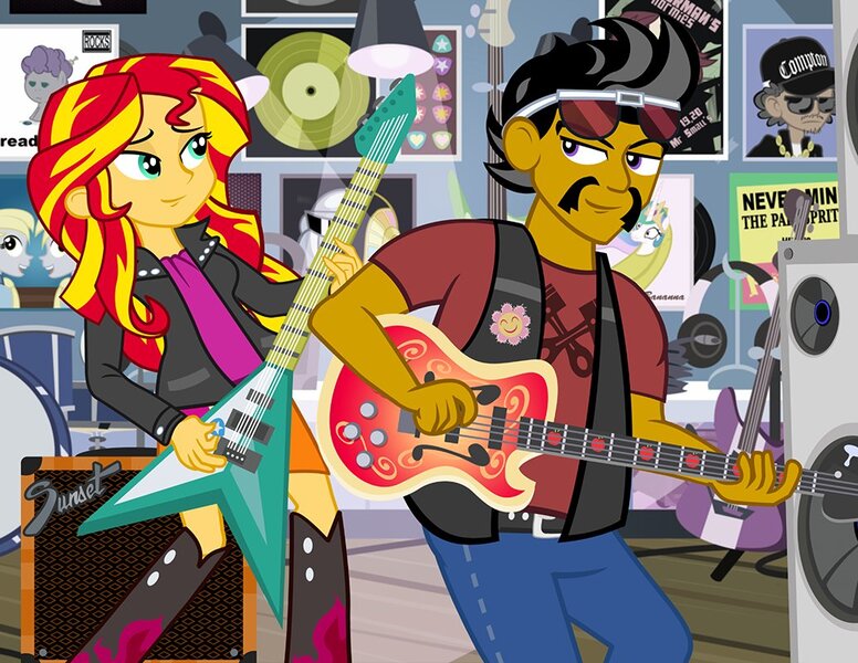 Size: 1035x800 | Tagged: safe, artist:pixelkitties, derpibooru import, derpy hooves, princess celestia, sunset shimmer, oc, oc:dusty katt, ponified, pony, equestria girls, album cover, andy warhol, bananalestia, bass guitar, daft punk, drum kit, drums, dustykatt, electric guitar, equestria girls-ified, equestria girls-ified album cover, guitar, guitar pick, hipgnosis, musical instrument, never mind the bollocks, nwa, pink floyd, ponified album cover, random access memories, sex pistols, straight outta compton, the division bell, the velvet underground, the velvet underground & nico