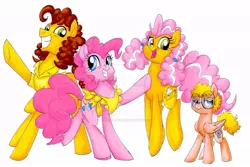 Size: 1024x683 | Tagged: safe, artist:pitterpaint, derpibooru import, cheese sandwich, pinkie pie, oc, oc:creamcheese, oc:dulce leche, oc:dull leche, earth pony, pegasus, pony, apron, cheesepie, clothes, colt, family, female, glasses, male, mare, offspring, parent:cheese sandwich, parent:pinkie pie, parents:cheesepie, pigtails, shipping, simple background, straight, traditional art, twintails, watermark, white background