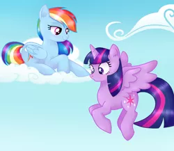 Size: 2300x2000 | Tagged: safe, artist:solareflares, derpibooru import, rainbow dash, twilight sparkle, twilight sparkle (alicorn), alicorn, pegasus, pony, boop, cloud, cross-eyed, cute, female, flying, lesbian, looking down, mare, on a cloud, shipping, sky, smiling, surprised, twidash, wide eyes