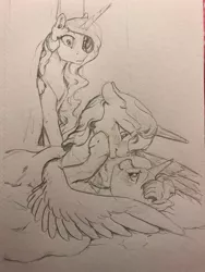 Size: 960x1280 | Tagged: suggestive, artist:silfoe, derpibooru import, princess celestia, princess luna, twilight sparkle, alicorn, pony, unicorn, nomad au, blushing, female, grayscale, lesbian, looking at each other, mare, monochrome, on back, pencil drawing, royal multiverse, royal sisters, shipping, surprised, traditional art, trio, twiluna, unicorn twilight