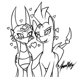 Size: 600x600 | Tagged: crossover, crossover shipping, cynder, derpibooru import, dragon, female, heart, interspecies, lesbian, lineart, monochrome, my little pony: the movie, safe, shipping, spyro the dragon, tempest shadow