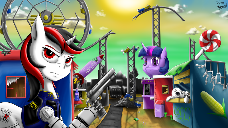 Size: 4096x2304 | Tagged: safe, artist:fiercewendigo, derpibooru import, oc, oc:blackjack, pony, fallout equestria, fallout equestria: project horizons, candyland, clothes, gun, level 1 (project horizons), sparkle world, weapon