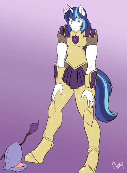 Size: 3300x4500 | Tagged: safe, artist:chango-tan, derpibooru import, part of a set, shining armor, oc, oc:klam, anthro, unguligrade anthro, unicorn, armor, gradient background