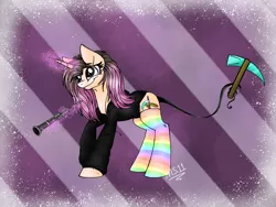 Size: 2048x1536 | Tagged: safe, artist:melonseed11, derpibooru import, oc, oc:nicole, unofficial characters only, pony, unicorn, augmented tail, clarinet, clothes, female, magic, mare, musical instrument, pickaxe, rainbow socks, socks, solo, striped socks, sweater, tail hold