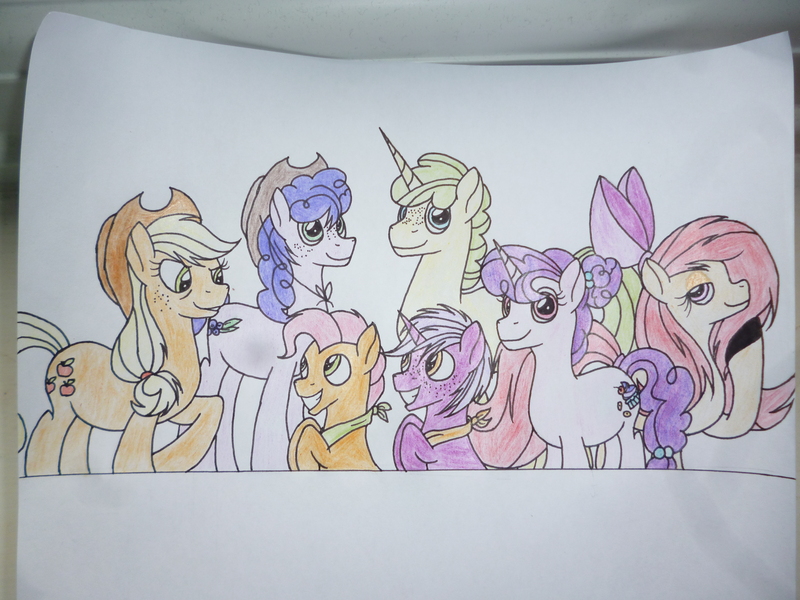 Size: 4320x3240 | Tagged: safe, artist:thr3eguess3s, derpibooru import, applejack, sugar belle, oc, oc:blackurrant, oc:damson jam, oc:freestone peach, oc:jackfruit, oc:raspberry tart, earth pony, pony, unicorn, bow, cowboy hat, family, female, hair bow, hat, lesbian, magical lesbian spawn, male, mare, neckerchief, offspring, parent:applejack, parent:sugar belle, parents:sugarjack, shipping, stallion, sugarjack, traditional art