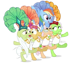Size: 1000x875 | Tagged: safe, artist:dm29, derpibooru import, apple rose, auntie applesauce, goldie delicious, granny smith, rainbow dash, earth pony, pegasus, pony, grannies gone wild, can can, feather hat, female, gold horseshoe gals, kickline, mare, showgirl, simple background, transparent background