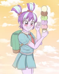 Size: 2598x3248 | Tagged: safe, artist:sumin6301, derpibooru import, starlight glimmer, equestria girls, alternate hairstyle, backpack, blushing, clothes, cute, dessert, female, food, glimmerbetes, ice cream, ice cream cone, pigtails, pleated skirt, school uniform, skirt, solo, that human sure does love ice cream, younger