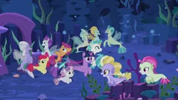 Size: 1920x1080 | Tagged: alicorn, apple bloom, cutie mark crusaders, derpibooru import, horn, open mouth, safe, scootaloo, screencap, sea-mcs, seaponified, seapony apple bloom, seapony (g4), seapony scootaloo, seapony sweetie belle, seapony twilight, seaquestria, smiling, species swap, surf and/or turf, sweetie belle, terramar, twilight sparkle, twilight sparkle (alicorn), underwater, water