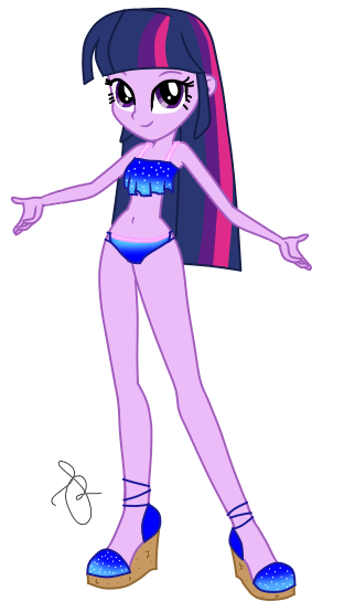 Size: 312x554 | Tagged: suggestive, artist:ilaria122, artist:selenaede, derpibooru import, twilight sparkle, equestria girls, bikini, breasts, clothes, female, high heels, sandals, shoes, simple background, smiling, solo, solo female, swimsuit, transparent background