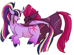 Size: 2192x1635 | Tagged: safe, artist:thebigearredbat, derpibooru import, fizzlepop berrytwist, tempest shadow, twilight sparkle, twilight sparkle (alicorn), alicorn, classical unicorn, unicorn, my little pony: the movie, broken horn, cloven hooves, female, leonine tail, lesbian, shipping, simple background, tempestlight, transparent background, unshorn fetlocks