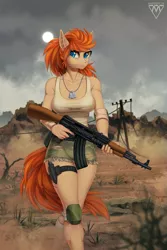 Size: 869x1300 | Tagged: suggestive, artist:margony, derpibooru import, oc, oc:dogtag, unofficial characters only, anthro, earth pony, ak-47, anthro oc, assault rifle, breasts, clothes, commission, digital art, female, gun, mare, rifle, shorts, signature, tanktop, weapon, ych result