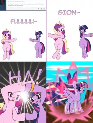 Size: 1204x1604 | Tagged: safe, artist:dekomaru, derpibooru import, princess cadance, twilight sparkle, twilight sparkle (alicorn), alicorn, pony, unicorn, tumblr:ask twixie, ask, bipedal, comic, dragon ball z, fusion, fusion dance, rainbow power, rainbow power twilight sparkle, tumblr