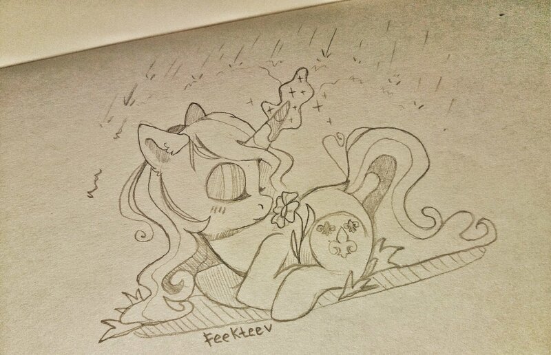 Size: 1280x825 | Tagged: safe, artist:feekteev, derpibooru import, fleur-de-lis, pony, flower, magic, monochrome, prone, rain, solo, traditional art