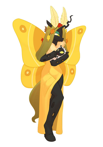 Size: 850x1212 | Tagged: antennae, anthro, artist:carnifex, changeling, changeling queen, changeling queen oc, derpibooru import, female, grub, moth, mothling, oc, oc:deciduous, original species, safe, species swap, unguligrade anthro, unofficial characters only, yellow changeling