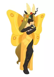 Size: 850x1212 | Tagged: antennae, anthro, artist:carnifex, changeling, changeling queen, changeling queen oc, derpibooru import, female, grub, moth, mothling, oc, oc:deciduous, original species, safe, species swap, unguligrade anthro, unofficial characters only, yellow changeling