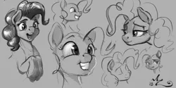 Size: 1200x600 | Tagged: safe, artist:amarynceus, deleted from derpibooru, derpibooru import, pinkie pie, earth pony, pony, bust, cute, diapinkes, expressions, eyes closed, female, gray background, grayscale, grin, happy, lidded eyes, mare, monochrome, open mouth, signature, simple background, sketch, smiling