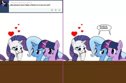 Size: 1204x800 | Tagged: safe, artist:dekomaru, derpibooru import, edit, rarity, trixie, twilight sparkle, pony, unicorn, tumblr:ask twixie, ask, comic, female, heart, implied shipping, implied sparity, implied straight, lesbian, shipping, simple background, spanish, translation, tumblr, twixie, white background