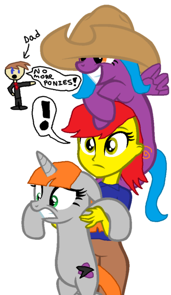 Size: 648x1116 | Tagged: safe, artist:nightshadowmlp, derpibooru import, oc, oc:game point, oc:night shadow, oc:wysteria sky, unofficial characters only, human, pony, equestria girls, annoyed, base used, exclamation point, happy, hat, holding a pony, scared, shocked