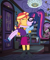 Size: 3024x3564 | Tagged: safe, artist:bigpurplemuppet99, derpibooru import, sci-twi, sunset shimmer, twilight sparkle, equestria girls, equestria girls series, bridal carry, carrying, female, kissing, lesbian, sci-twi's room, scitwishimmer, shipping, sunsetsparkle
