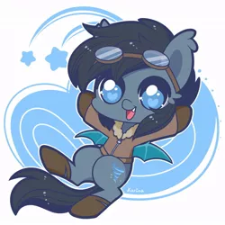 Size: 894x894 | Tagged: safe, artist:exceru-karina, derpibooru import, oc, oc:seachell, unofficial characters only, bat pony, bomber jacket, chibi, clothes, cute, cute little fangs, fangs, female, goggles, jacket, mare, ocbetes, pilot, shoes, solo