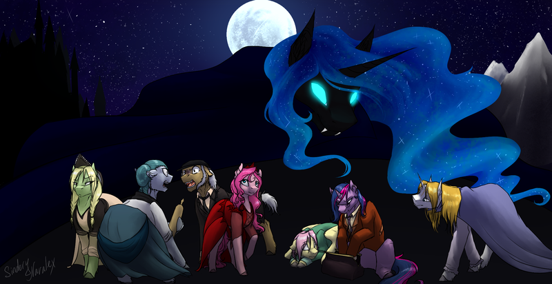 Size: 1940x1000 | Tagged: safe, artist:sinderynaralex, derpibooru import, cloudy quartz, fluttershy, igneous rock pie, nightmare moon, pinkie pie, prince blueblood, twilight sparkle, twilight sparkle (alicorn), oc, alicorn, bat pony, pony, bat ponified, clothes, female, race swap