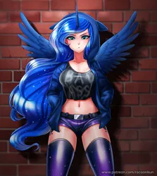 Size: 850x951 | Tagged: artist:racoonsan, badass, belly button, belt, breasts, brick wall, clothes, cutie mark on human, derpibooru import, female, frown, hands in pockets, hoodie, horned humanization, human, humanized, jacket, leggings, looking at you, midriff, pouting, princess luna, safe, shadow, shorts, short shirt, solo, vulgar, winged humanization