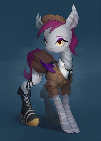 Size: 858x1200 | Tagged: suggestive, artist:oneofyouare, derpibooru import, oc, unofficial characters only, bat pony, hybrid, zebra, bat pony oc, boots, clothes, female, hat, high heel boots, high heels, image, jpeg, kneesocks, mare, necktie, shoes, socks, solo, solo female, uniform, zebra oc