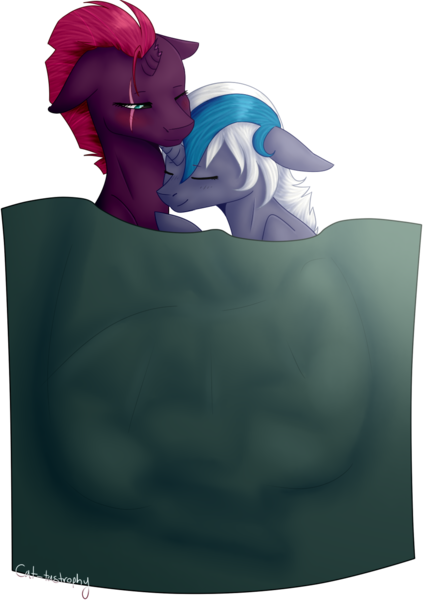 Size: 980x1389 | Tagged: safe, artist:sychia, derpibooru import, fizzlepop berrytwist, tempest shadow, oc, oc:elizabat stormfeather, alicorn, bat pony, bat pony alicorn, pony, unicorn, my little pony: the movie, alicorn oc, blanket, blushing, broken horn, canon x oc, cuddling, cute, eye scar, eyes closed, female, lesbian, mare, ocbetes, scar, shipping, simple background, sleeping, stormshadow, tempestbetes, transparent background