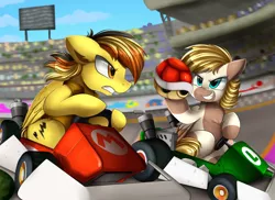 Size: 3395x2472 | Tagged: safe, artist:pridark, derpibooru import, oc, unofficial characters only, pegasus, pony, audience, cart, chest fluff, commission, crossover, driving, mario kart, nintendo, racing, red shell, stands