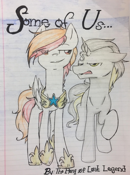 Size: 761x1023 | Tagged: safe, artist:the pony of lost legend, derpibooru import, oc, unofficial characters only, pegasus, pony, unicorn, fanfic, fanfic art, fanfic cover, gay, hoof shoes, horn, lined paper, male, oc x oc, pegasus oc, raised hoof, royal guard, shipping, smiling, smirk, traditional art, unamused, unicorn oc, wings