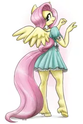 Size: 1071x1600 | Tagged: anthro, artist:king-kakapo, blushing, bow, clothes, cute, derpibooru import, dress, female, fluttershy, hoof hands, looking at you, looking back, looking back at you, mare, multiple variants, pegasus, ribbon, safe, shyabetes, solo, unguligrade anthro, unshorn fetlocks, wings