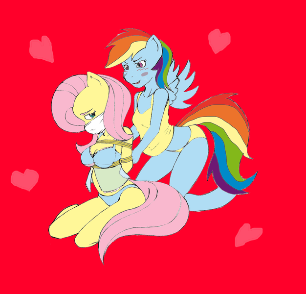 Size: 1258x1206 | Tagged: suggestive, anonymous editor, artist:ryuseihikari, derpibooru import, edit, fluttershy, rainbow dash, anthro, arm behind back, babydoll, babydoll lingerie, blue underwear, blushing, bondage, bound and gagged, breasts, camisole, cloth gag, clothes, female, femdom, femsub, flutterdash, frilly underwear, gag, lesbian, lingerie, needs more saturation, nightgown, otn gag, over the nose gag, panties, rope, rope bondage, see-through, shipping, submissive, underwear, yellow underwear