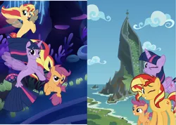 Size: 1638x1164 | Tagged: safe, derpibooru import, editor:superbobiann, scootaloo, sunset shimmer, twilight sparkle, twilight sparkle (alicorn), alicorn, pegasus, pony, seapony (g4), unicorn, surf and/or turf, female, filly, mare, mount aris, one eye closed, seaponified, seapony scootaloo, seapony sunset, seapony twilight, seaquestria, species swap, trio, wink