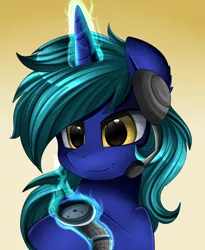 Size: 1446x1764 | Tagged: safe, artist:pridark, derpibooru import, oc, unofficial characters only, pony, unicorn, bust, commission, headphones, headset, levitation, magic, male, portrait, solo, telekinesis, watch, wavy mouth, wristwatch