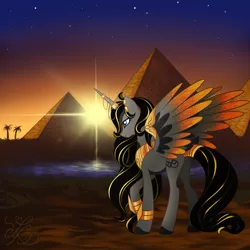 Size: 2048x2048 | Tagged: safe, artist:myhandsarecrazy, derpibooru import, oc, unofficial characters only, alicorn, pony, alicorn oc, alicorn princess, armband, desert, ear piercing, earring, egypt, egyptian, female, horn jewelry, jewelry, oasis, palm tree, piercing, pyramids of giza, regalia, sky, solo, spread wings, stars, sun, sunset, tail wrap, tree, wings