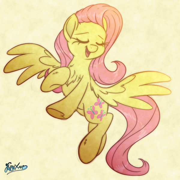 Size: 5500x5500 | Tagged: safe, artist:fluffyxai, derpibooru import, fluttershy, pegasus, pony, absurd resolution, chest fluff, cute, cute enough to kill, dancing, eyes closed, female, flying, happy, mare, open mouth, shyabetes, simple background, smiling, solo