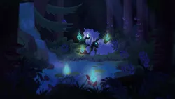 Size: 1280x720 | Tagged: safe, artist:myhandsarecrazy, derpibooru import, oc, oc:fen fire, unofficial characters only, unicorn, female, forest, fungus, glowing eyes, lilypad, mare, night, pond, solo, tree, waterfall, will o' the wisp
