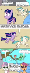 Size: 1000x2400 | Tagged: alicorn, apple bloom, artist:bjdazzle, beach, comic, confused, cutie mark crusaders, derpibooru import, mount aris, ocean, running, safe, scootaloo, season 8 homework assignment, sitting in a tree, surf and/or turf, sweetie belle, terramar, tree, twilight sparkle, twilight sparkle (alicorn), worried