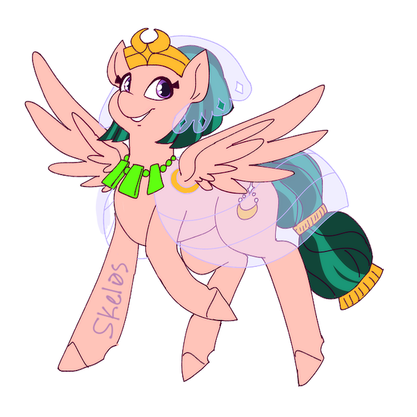 Size: 700x700 | Tagged: safe, artist:skel0sbadlands, derpibooru import, somnambula, pegasus, pony, clothes, cutie mark, female, flying, glowpaz, headdress, jewelry, mare, necklace, simple background, smiling, solo, spread wings, watermark, white background, wings