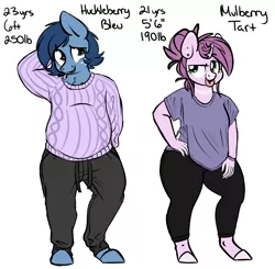 Size: 3474x3400 | Tagged: safe, artist:mulberrytarthorse, derpibooru import, oc, oc:huckleberry bleu, oc:mulberry tart, unofficial characters only, anthro, bhm, bleuberry, chubby, clothes, couple, fat, female, male, tongue out